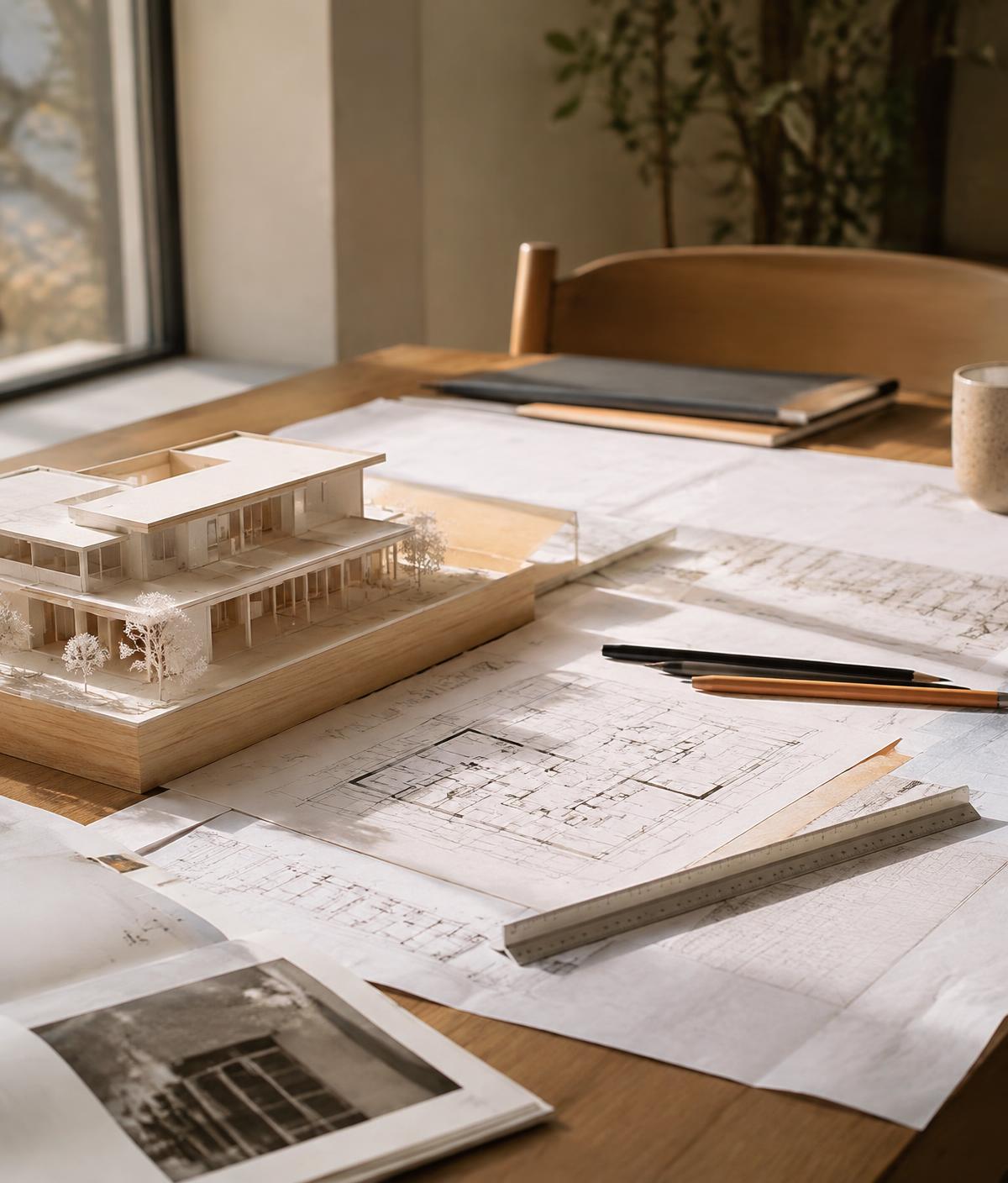 Architectural model and drawings in the studio